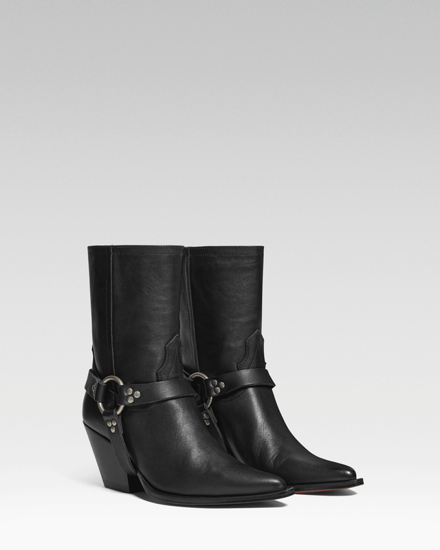 ATOKA BELT Women's Ankle Boots in Black Nappa | Leather Harness